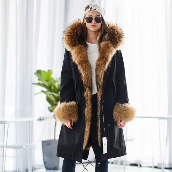 Maomaokong Winter Woman Natural Fur Overcoat with Fur Hood