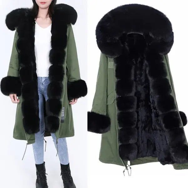 Maomaokong Winter Woman Natural Fur Overcoat with Fur Hood - Rabbit liningH29 / M