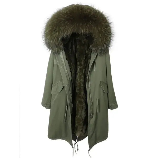 Maomaokong Winter Woman Natural Fur Overcoat with Fur Hood - Rabbit lining-2 / XS