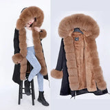Maomaokong Winter Woman Natural Fur Overcoat Plus Size Black Parkas Raccoon Real Fur Lining Extra Larg Warm Jacket
