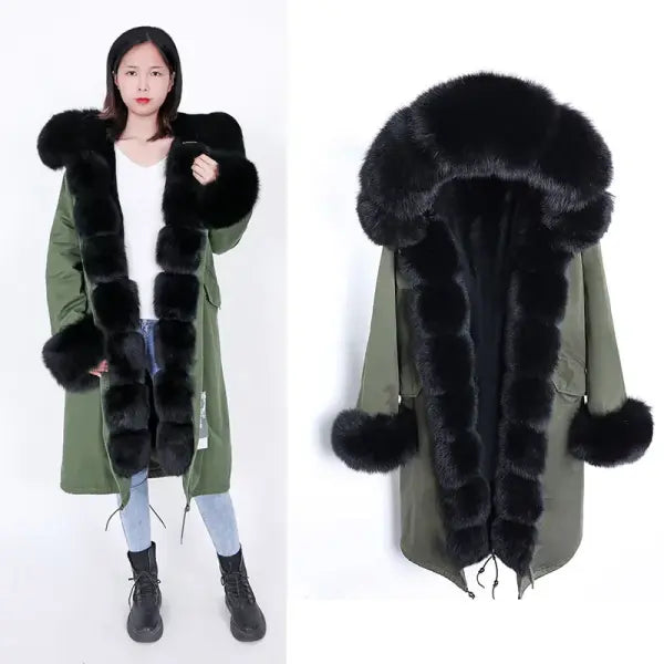 Maomaokong Winter Woman Natural Fur Overcoat with Fur Hood - Faux liningH25 / XS