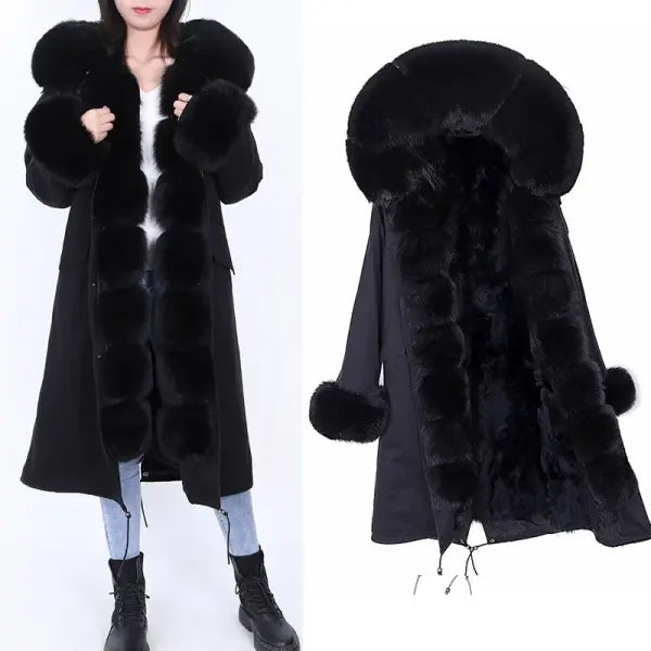 Maomaokong Winter Woman Natural Fur Overcoat with Fur Hood - Rabbit liningH28 / S
