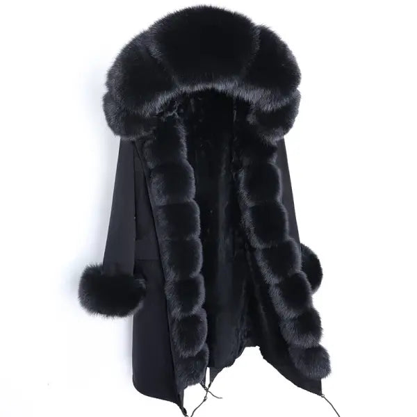 Maomaokong Winter Woman Natural Fur Overcoat with Fur Hood - Faux liningH24 / XS