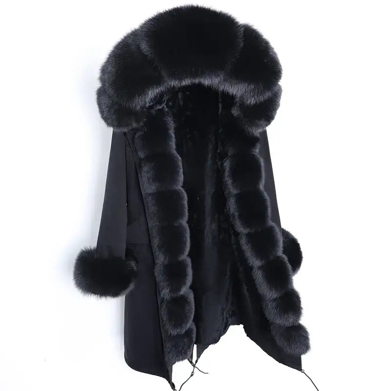 Maomaokong Winter Woman Natural Fur Overcoat Plus Size Black Parkas Raccoon Real Fur Lining Extra Larg Warm Jacket