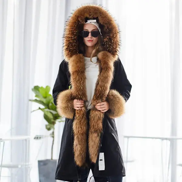 Maomaokong Winter Woman Natural Fur Overcoat with Fur Hood - Raccoon liningF1 / XL