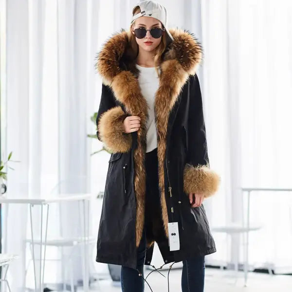 Maomaokong Winter Woman Natural Fur Overcoat with Fur Hood