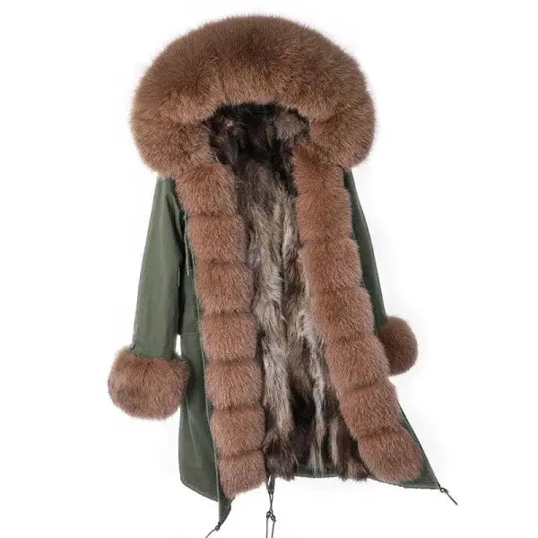Maomaokong Winter Woman Natural Fur Overcoat with Fur Hood - Raccoon liningH5 / XS