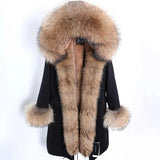 Maomaokong Winter Woman Natural Fur Overcoat Plus Size Black Parkas Raccoon Real Fur Lining Extra Larg Warm Jacket