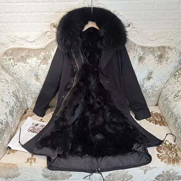 Maomaokong Winter Woman Natural Fur Overcoat with Fur Hood - Raccoon liningC3 / XL