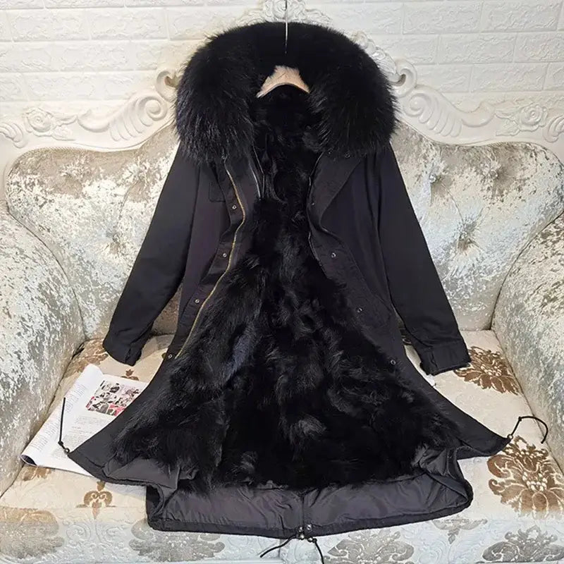 Maomaokong Winter Woman Natural Fur Overcoat Plus Size Black Parkas Raccoon Real Fur Lining Extra Larg Warm Jacket