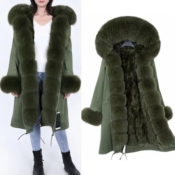 Maomaokong Winter Woman Natural Fur Overcoat with Fur Hood - Rabbit liningH32 / XL