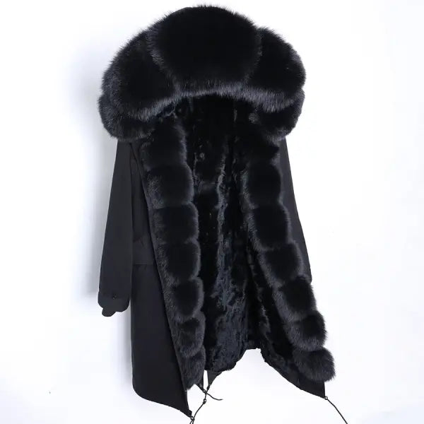 Maomaokong Winter Woman Natural Fur Overcoat with Fur Hood - Rabbit liningL30 / L