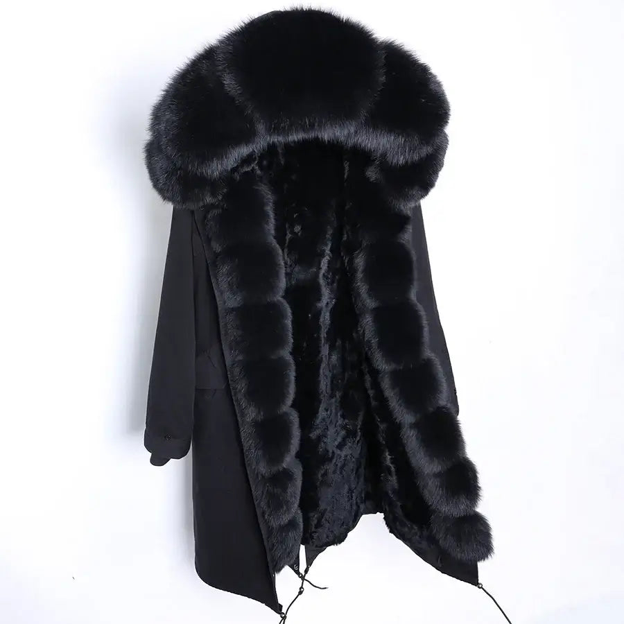 Maomaokong Winter Woman Natural Fur Overcoat Plus Size Black Parkas Raccoon Real Fur Lining Extra Larg Warm Jacket