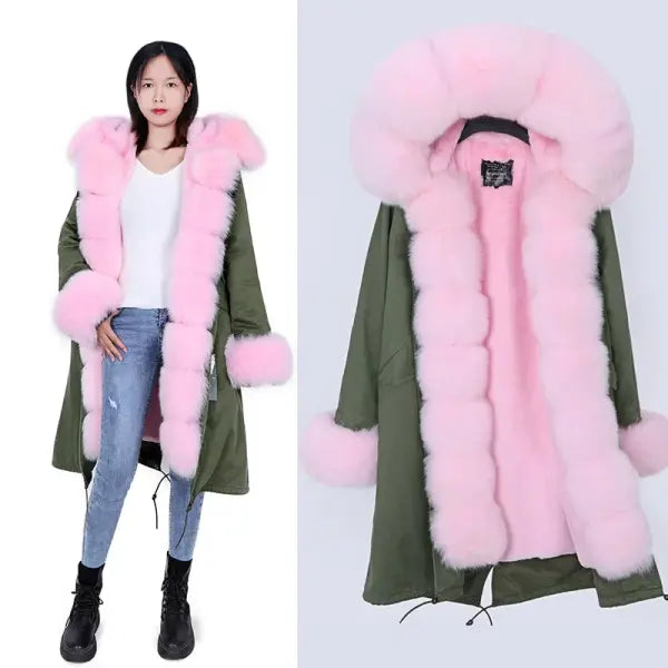 Maomaokong Winter Woman Natural Fur Overcoat with Fur Hood - Faux liningH21 / S