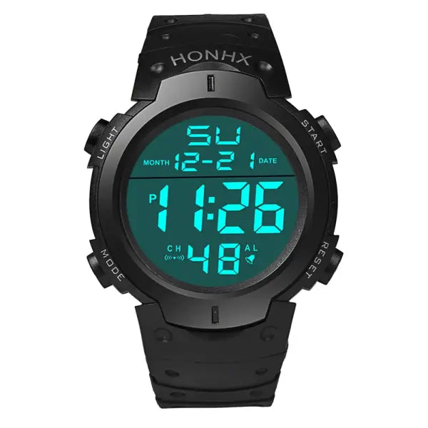 Men Sport LED Digital Watch with Resin Case and Silicone Band - Black