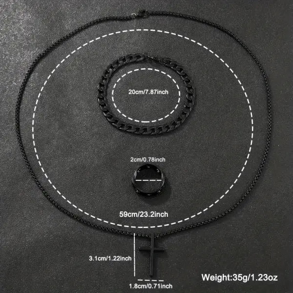 Men’s 3-Piece Alloy Jewelry Set – Cross Necklace Bracelet & Ring