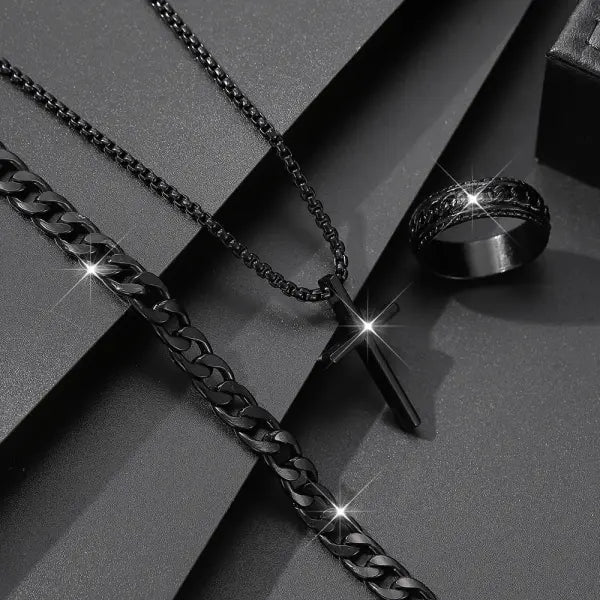 Men’s 3-Piece Alloy Jewelry Set – Cross Necklace Bracelet & Ring - H465-BK