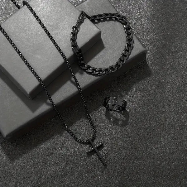 Men’s 3-Piece Alloy Jewelry Set – Cross Necklace Bracelet & Ring