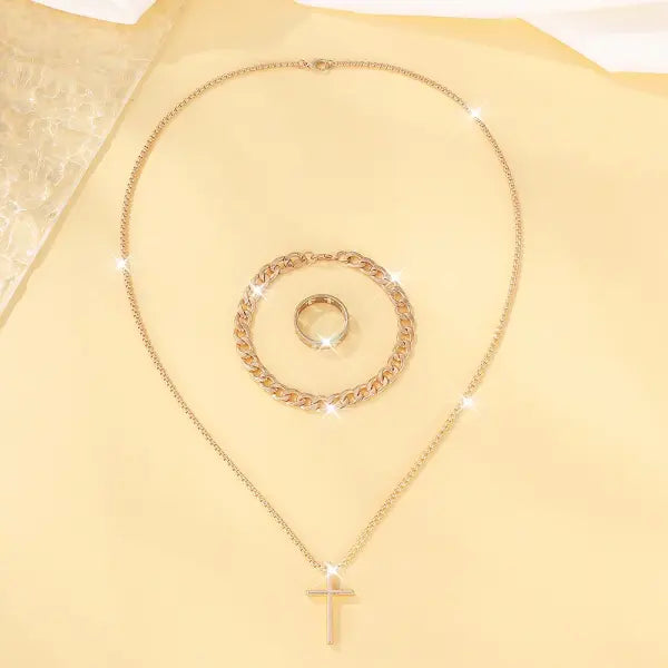 Men’s 3-Piece Alloy Jewelry Set – Cross Necklace Bracelet & Ring - H607-GO