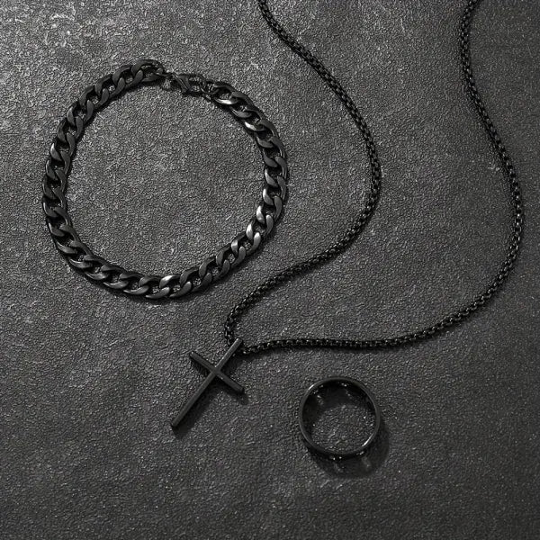 Men’s 3-Piece Alloy Jewelry Set – Cross Necklace Bracelet & Ring