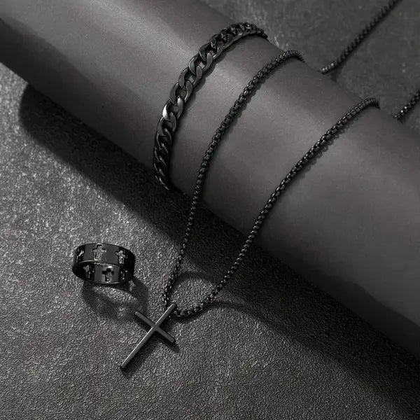 Men’s 3-Piece Alloy Jewelry Set – Cross Necklace Bracelet & Ring