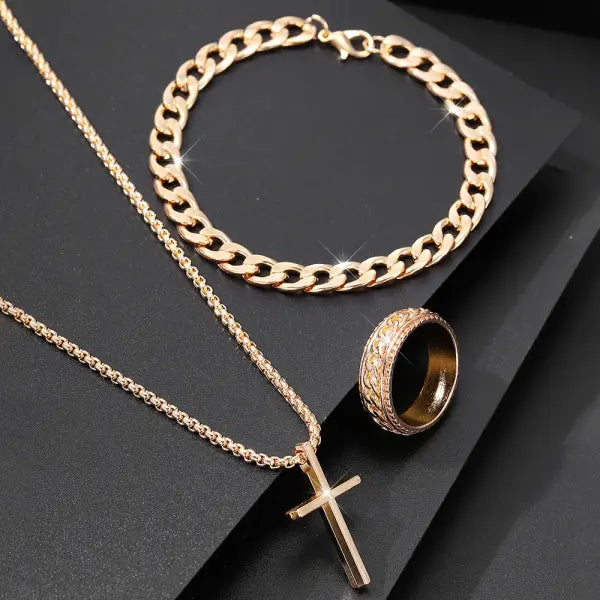 Men’s 3-Piece Alloy Jewelry Set – Cross Necklace Bracelet & Ring - H465-GD