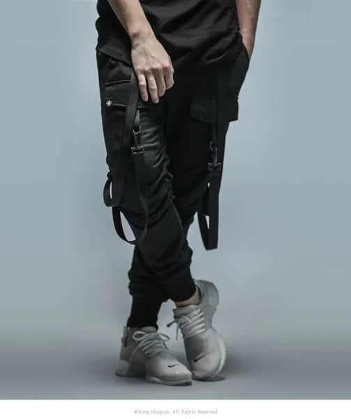 Mens fitness pant black cargo sweatpants with gray sneakers