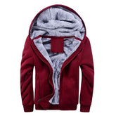 Red hooded jacket with gray fleece lining from men’s fleece hooded cardigan collection