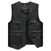 Men's Genuine Leather Vest – Multi-Pocket Motorcycle Biker Waistcoat for Safety - Himpall
