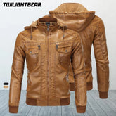 Men's Hooded Leather Jacket – PU Casual Biker Coat with Fleece (EUR Size) - Himpall