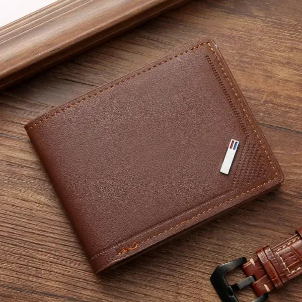 Unisex PU Leather Short Wallet Foldable with Note Compartment - Brown