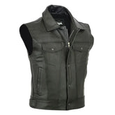 Men's Punk Sleeveless Leather Vest – Zipper Drawstring Hem Casual Motorcycle Jacket - Himpall