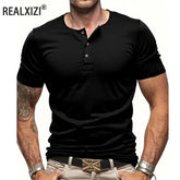 Men’s Short Sleeve Henley Neck T-shirt Solid Color Male Tops Slim Fit Button Neck Casual Cozy Tshirt Streetwear