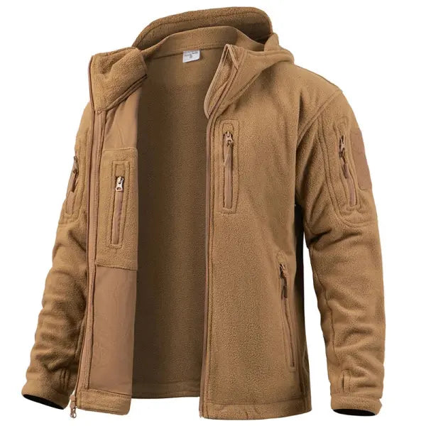 Men’s Tactical Fleece Jacket – Winter Hooded Military Outdoor Coat - Khaki / US XXL