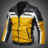 Men's Yellow PU Leather Jacket – Patchwork Biker Slim Fit Fur Lined Motorcycle Coat - Himpall