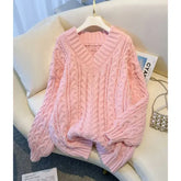 Women’s Oversized Pink V-Neck Sweater | Korean Fashion Long Sleeve Knitted Winter Casual Pullover - Pink / S