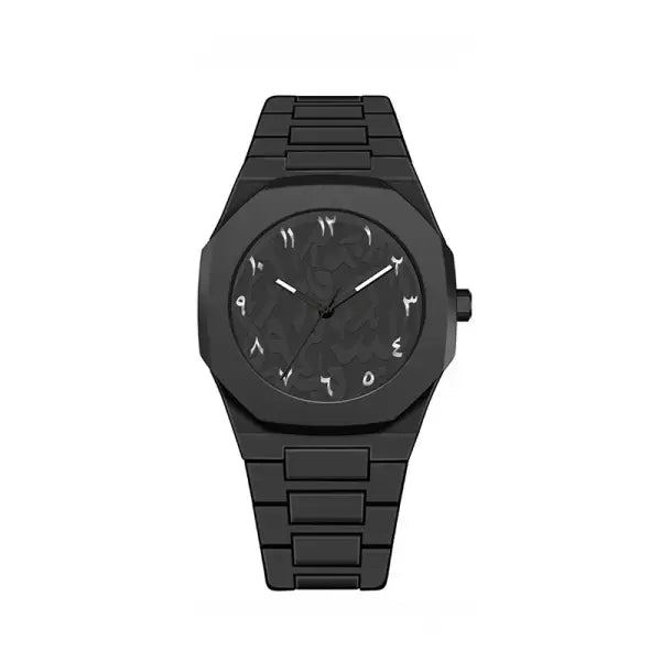 Arabic Numeral Quartz Watch with Stainless Steel Case and Rubber Band - black