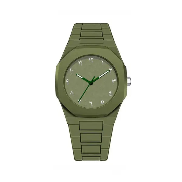 Arabic Numeral Quartz Watch with Stainless Steel Case and Rubber Band - green