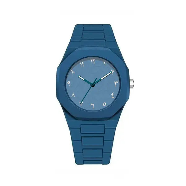 Arabic Numeral Quartz Watch with Stainless Steel Case and Rubber Band - blue
