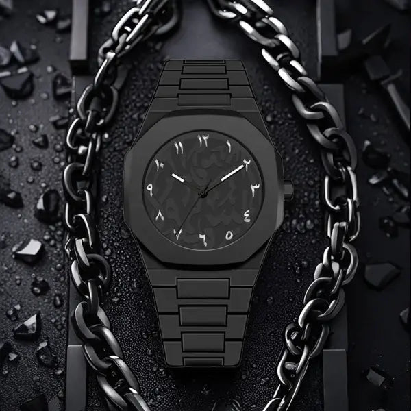 Arabic Numeral Quartz Watch with Stainless Steel Case and Rubber Band