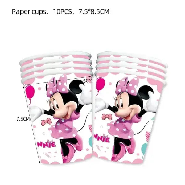 Pink and white Minnie Mouse paper cups with balloons and bows for Disney birthday parties