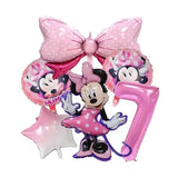 Pink Minnie Mouse birthday balloon bouquet with 7, bow, Disney party supplies