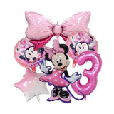 Pink Minnie Mouse balloon bouquet with bow, number 3 for Disney birthday parties