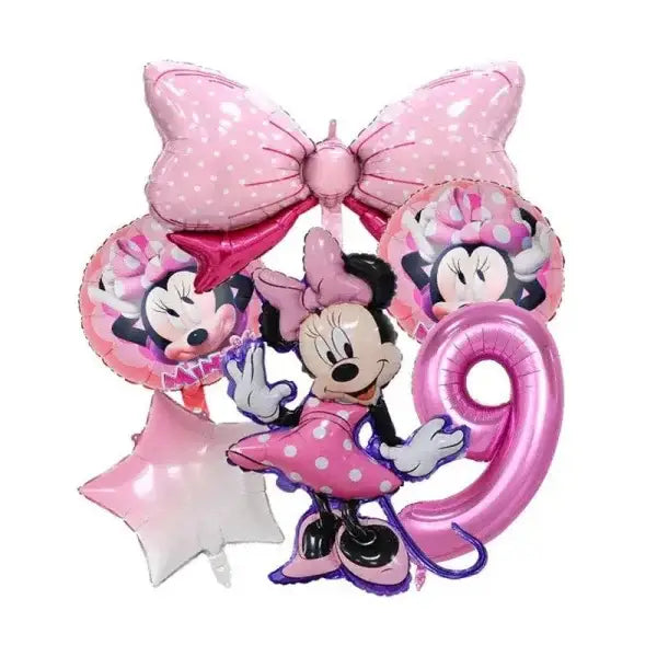 Pink Minnie Mouse birthday balloon arrangement with number 9 for Disney parties