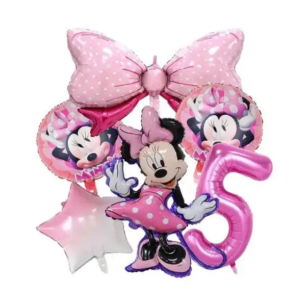 Pink Minnie Mouse balloon bouquet with bow, number 5, and polka dots for Disney birthday celebrations
