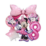 Pink Minnie Mouse balloon bouquet with bow, number 8 for Disney birthday parties
