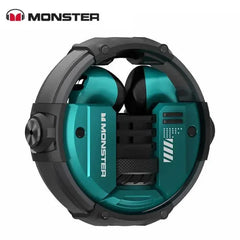 Folded turquoise and black Monster XKT10 earphones in circular arrangement