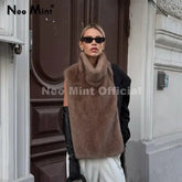 Women’s Faux Fur Sable Crop Vest | Winter Turtleneck Eco Mink Sleeveless Fur Tank Top