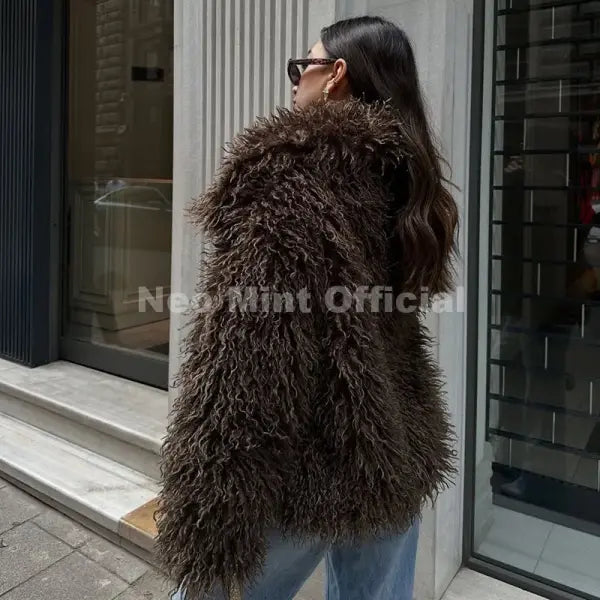 Women’s Faux Fur Coat – Chic Brown Winter Jacket with Big Collar