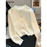 Neploe Simple Fashion Commuter Loose Deading Cardigan Korea All-match Warm Flower Fungus Knitted Winter French Style